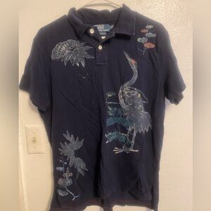 Ralph Lauren Navy Polo with Crane & Botanical Print